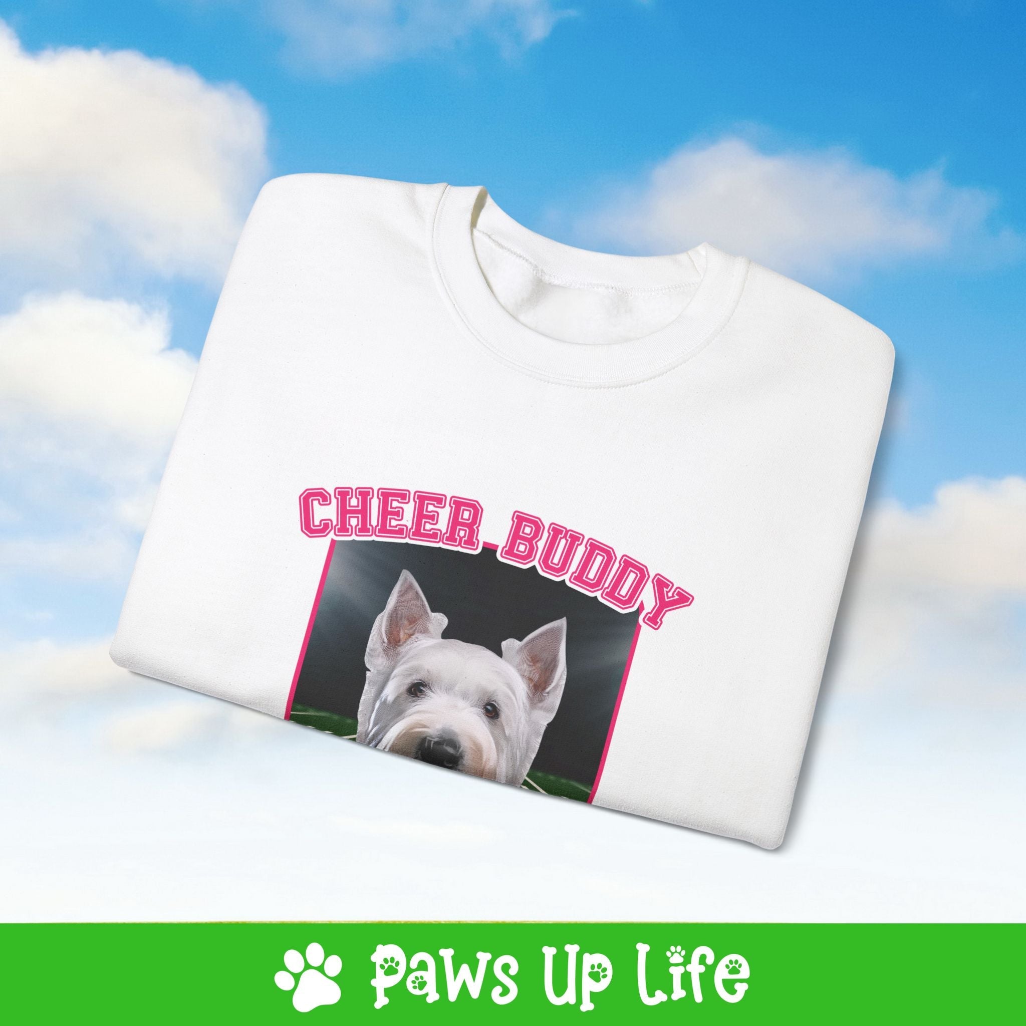 White Scottish Terrier Football Cheer Buddy Cheerleading Dog Crewneck Sweatshirt, Unisex Gift for Animal Lovers, Dog Mom Dad Sweatshirt, Cute Dog Lover Apparel, Fun Pet | Paws Up Life, LLC