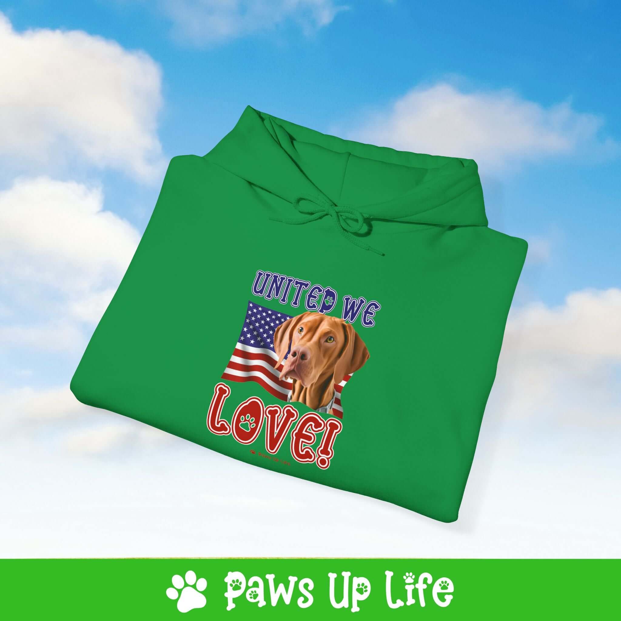 "United We Love" Vizsla Unisex Hoodie – Fun Patriotic Dog Lover Cozy Cotton Blend Hooded Sweater, Perfect Gift for Pet Parents!