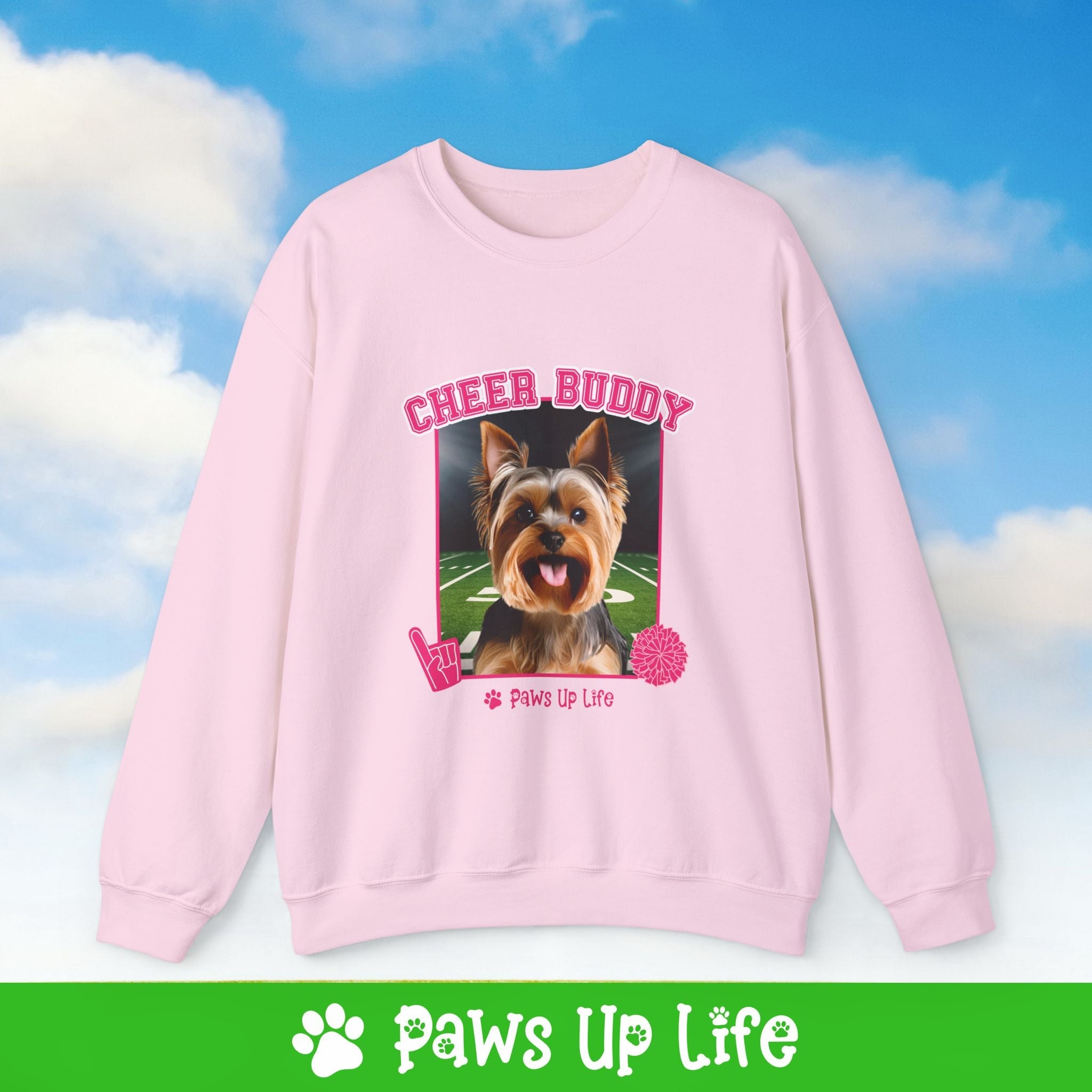 Yorkshire Terrier Football Cheer Buddy Cheerleading Dog Crewneck Sweatshirt, Unisex Gift for Animal Lovers, Dog Mom Dad Sweatshirt, Cute Dog Lover Apparel, Fun Pet | Paws Up Life, LLC