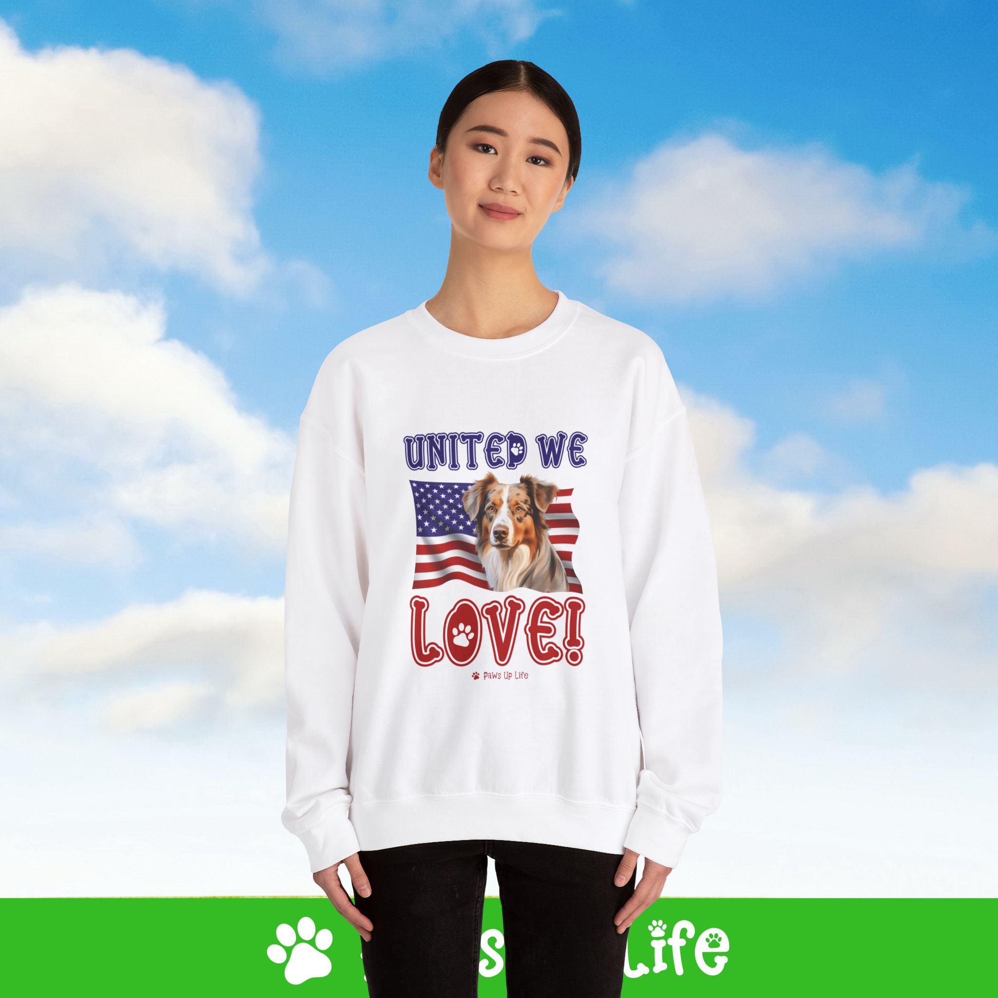 Australian Shepherd Dog United We Love Dog Crewneck Sweatshirt, Unisex Gift for Animal Lovers, Dog Mom Dad Sweatshirt, Cute Dog Lover Apparel, Fun Pet | Paws Up Life, LLC
