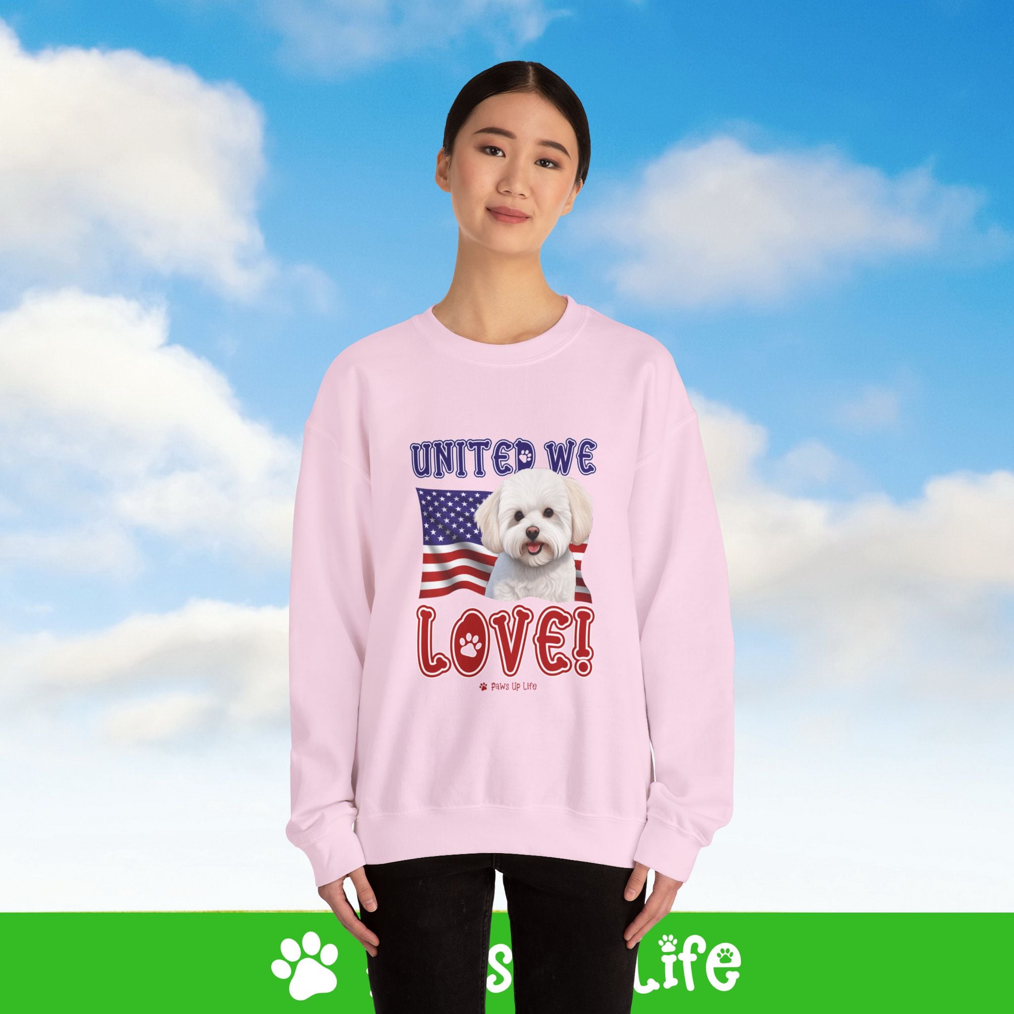 Bichon Frise Dog United We Love Dog Crewneck Sweatshirt, Unisex Gift for Animal Lovers, Dog Mom Dad Sweatshirt, Cute Dog Lover Apparel, Fun Pet | Paws Up Life, LLC