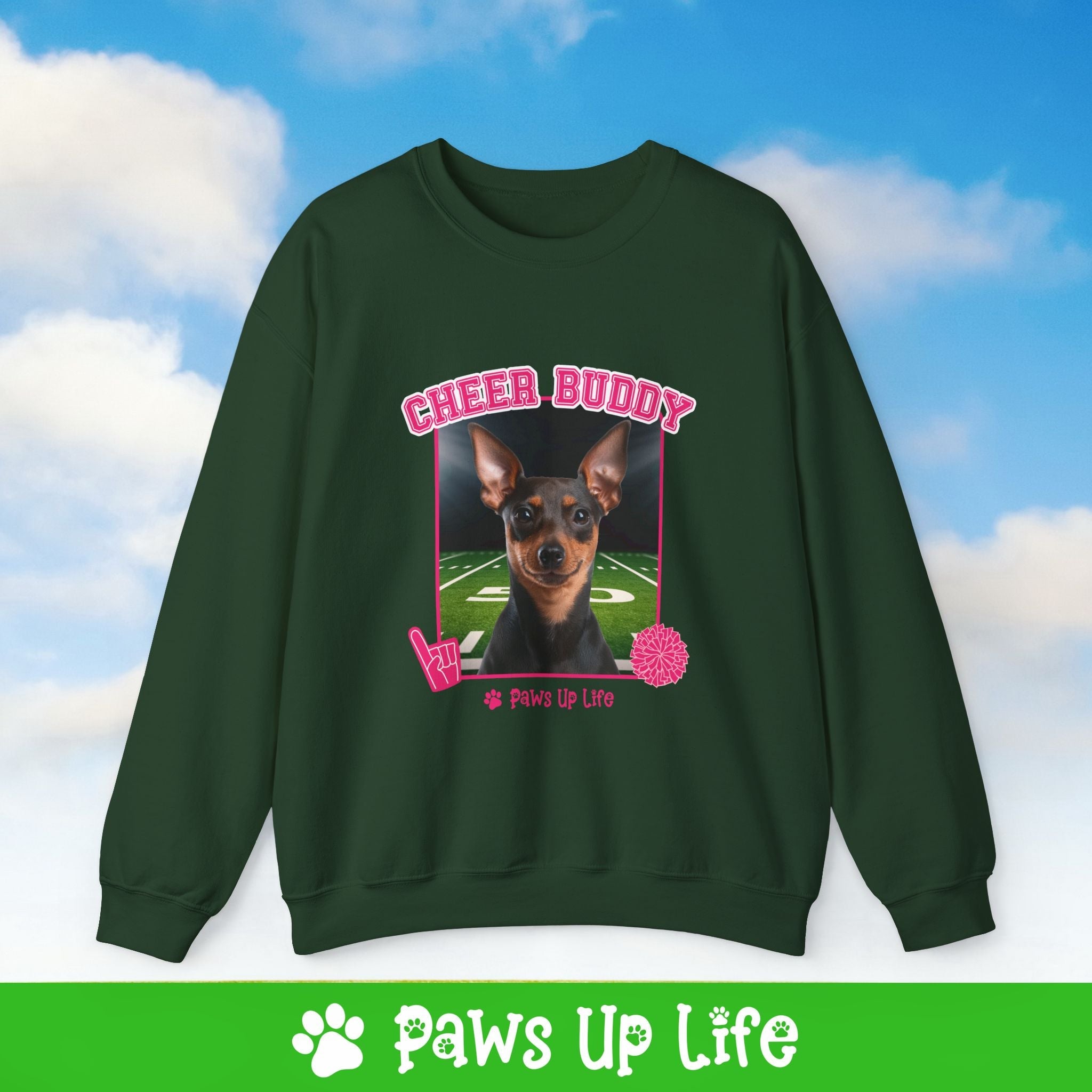 Miniature Pinscher Football Cheer Buddy Cheerleading Dog Crewneck Sweatshirt, Unisex Gift for Animal Lovers, Dog Mom Dad Sweatshirt, Cute Dog Lover Apparel, Fun Pet | Paws Up Life, LLC