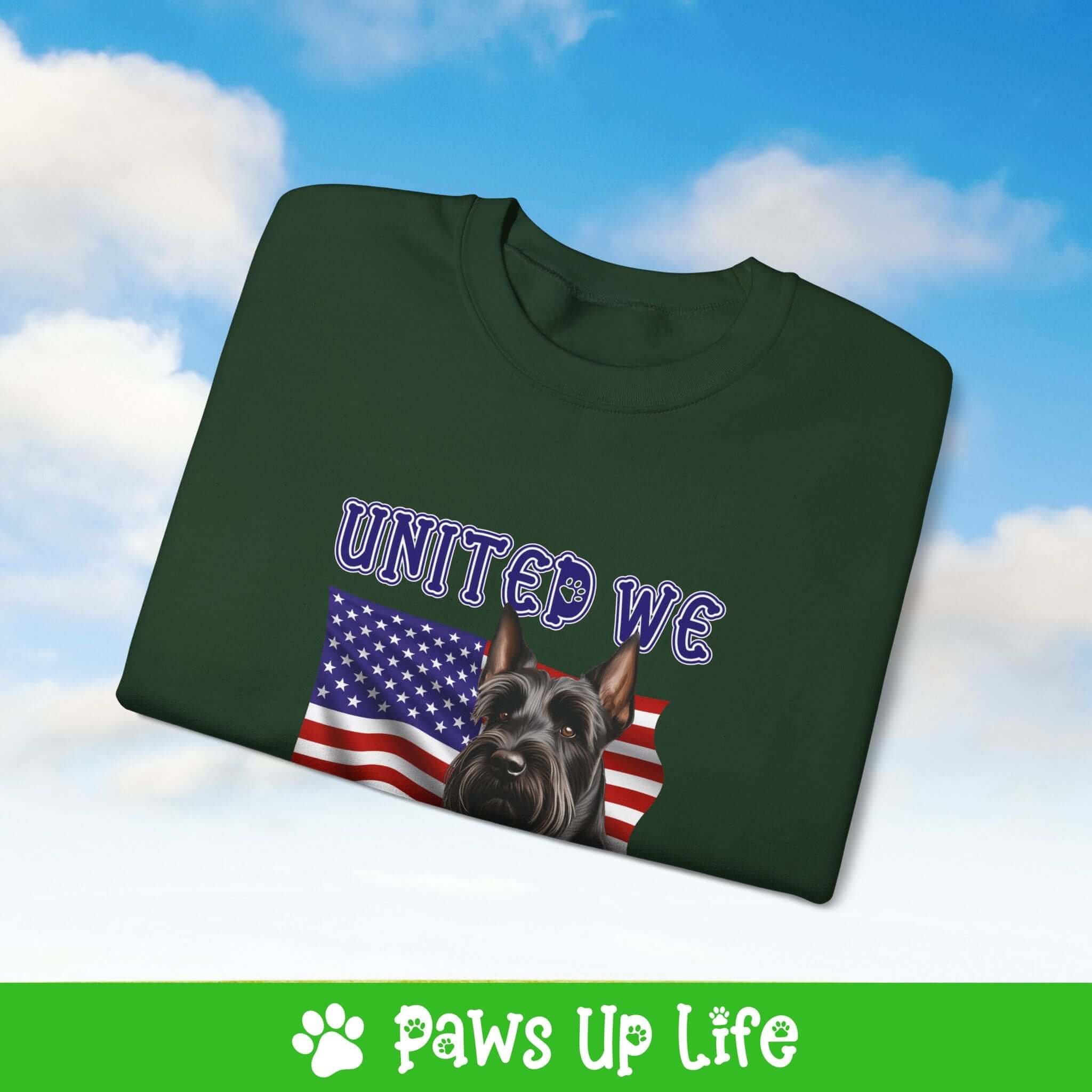 "United We Love" Scottish Terrier Dog Crewneck Sweatshirt – Patriotic Dog Lover Gift, Unisex Apparel for Proud Dog Moms & Dads