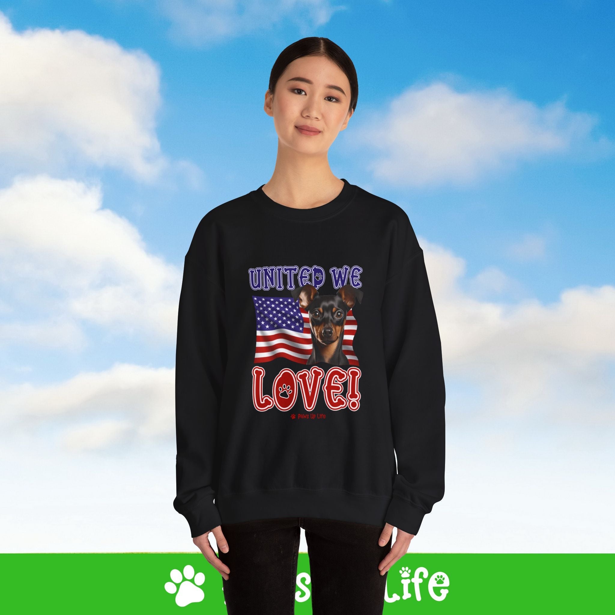Miniature Pinscher Dog United We Love Dog Crewneck Sweatshirt, Unisex Gift for Animal Lovers, Dog Mom Dad Sweatshirt, Cute Dog Lover Apparel, Fun Pet | Paws Up Life, LLC