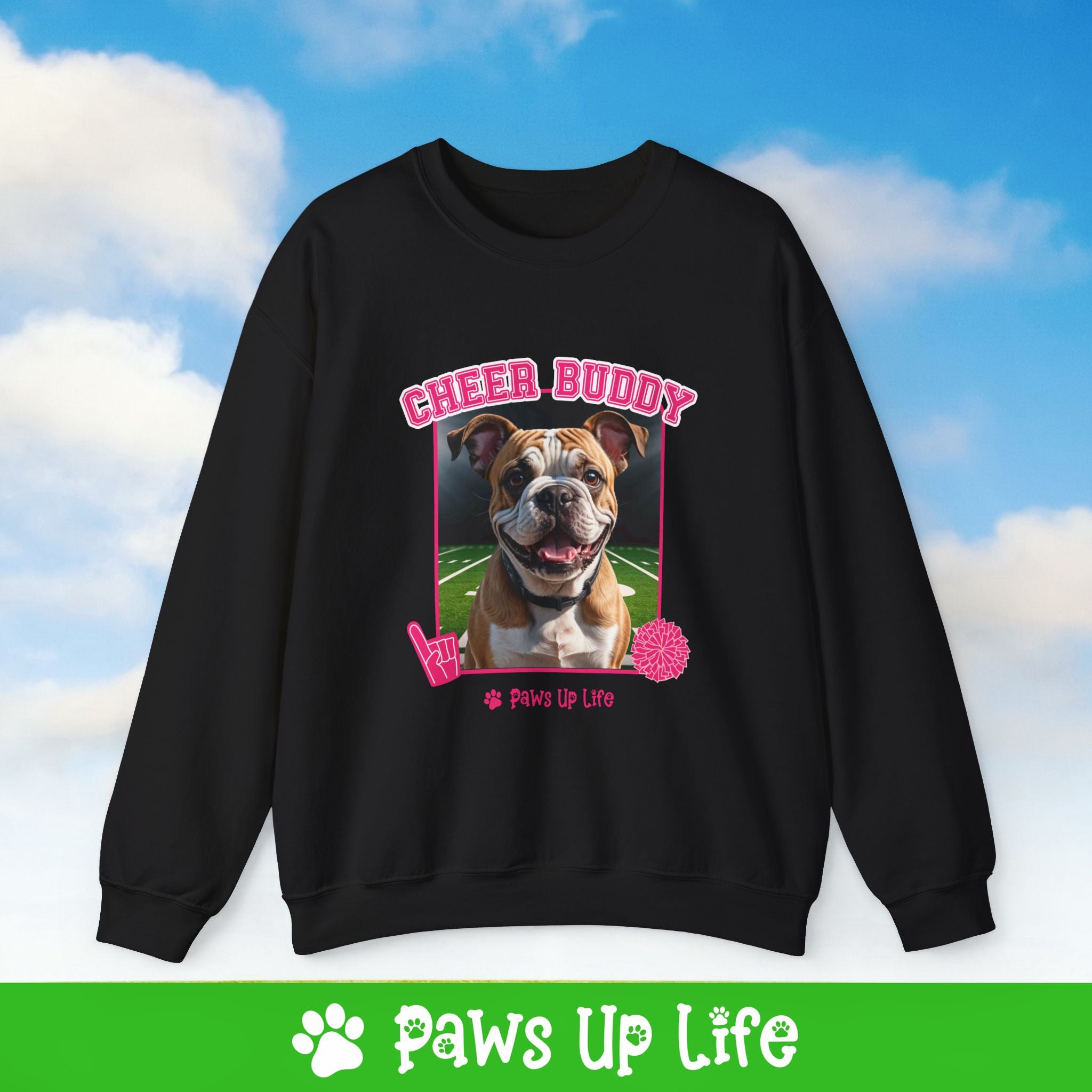 Bulldog Football Cheer Buddy Cheerleading Dog Crewneck Sweatshirt, Unisex Gift for Animal Lovers, Dog Mom Dad Sweatshirt, Cute Dog Lover Apparel, Fun Pet | Paws Up Life, LLC