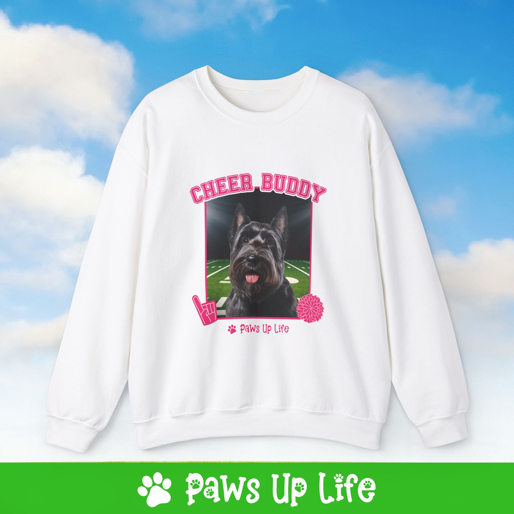 Black Scottish Terrier Football Cheer Buddy Cheerleading Dog Crewneck Sweatshirt, Unisex Gift for Animal Lovers, Dog Mom Dad Sweatshirt, Cute Dog Lover Apparel, Fun Pet