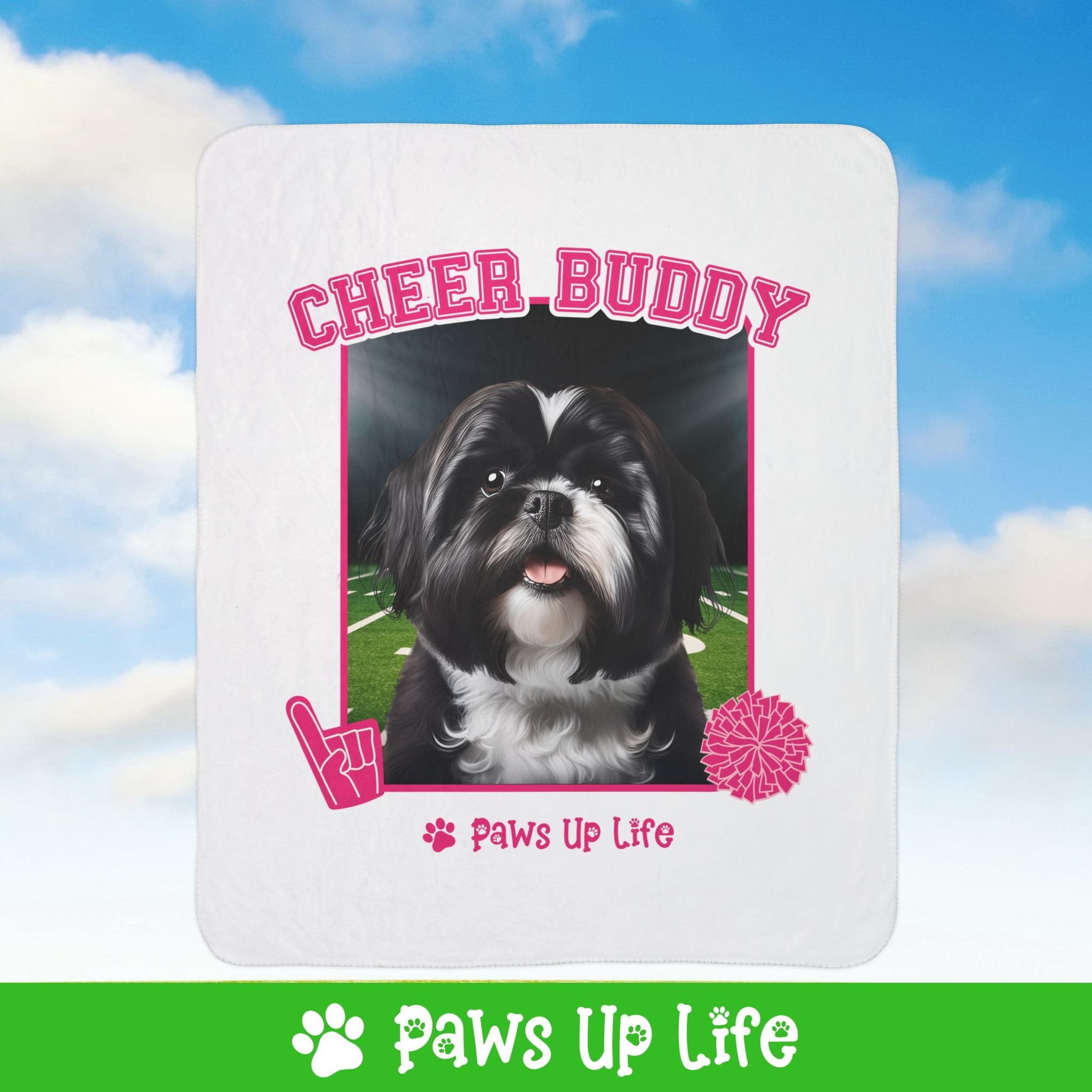 Black Shih Tzu Football Cheer Buddy Cheerleading Dog Fleece Sherpa Blanket - Perfect for Snuggling and Cozy Napping | Paws Up Life, LLC