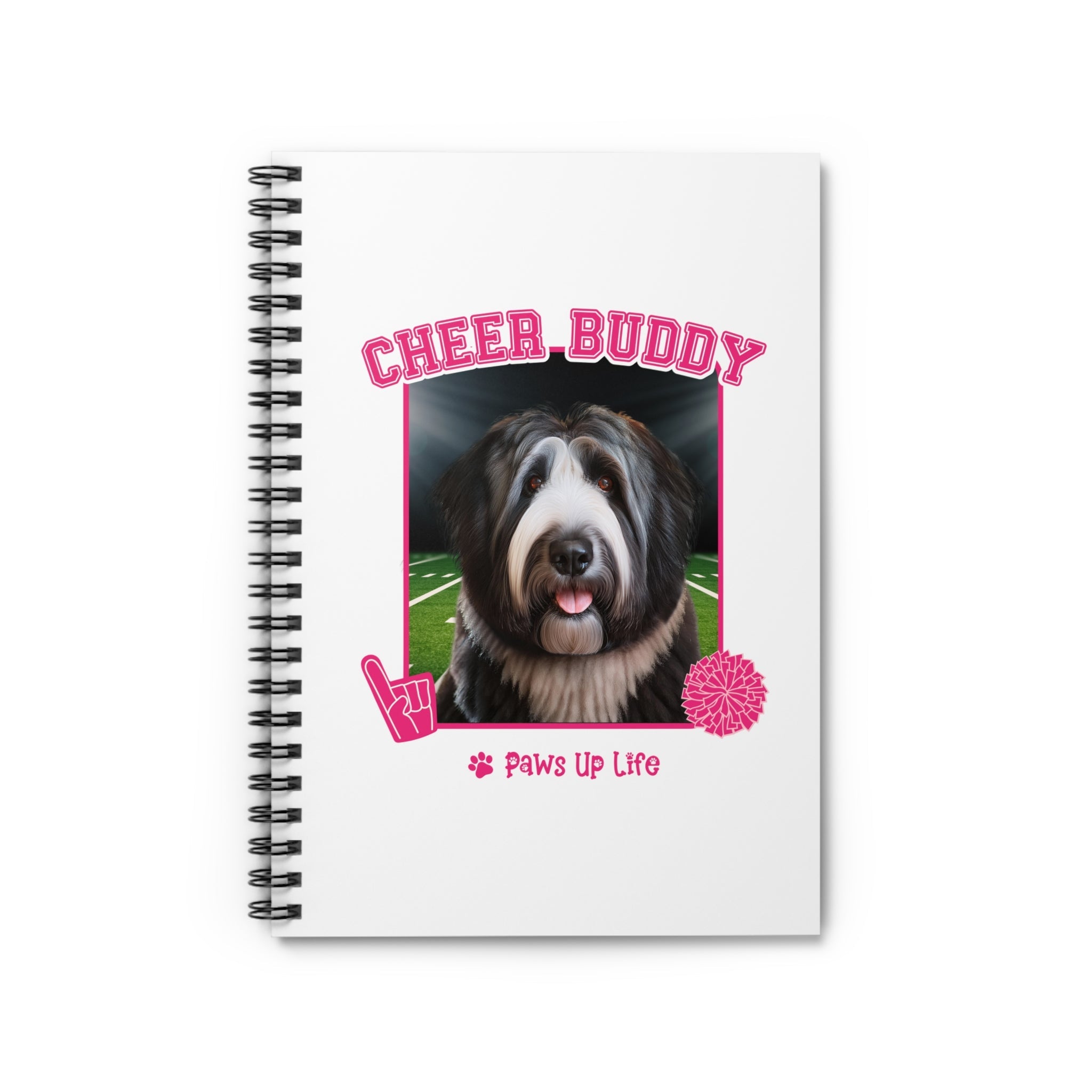 Black Old English Sheep Dog Football Cheer Buddy Cheerleading Dog Spiral Notebook for Office and Home - Ruled Line | Paws Up Life, LLC