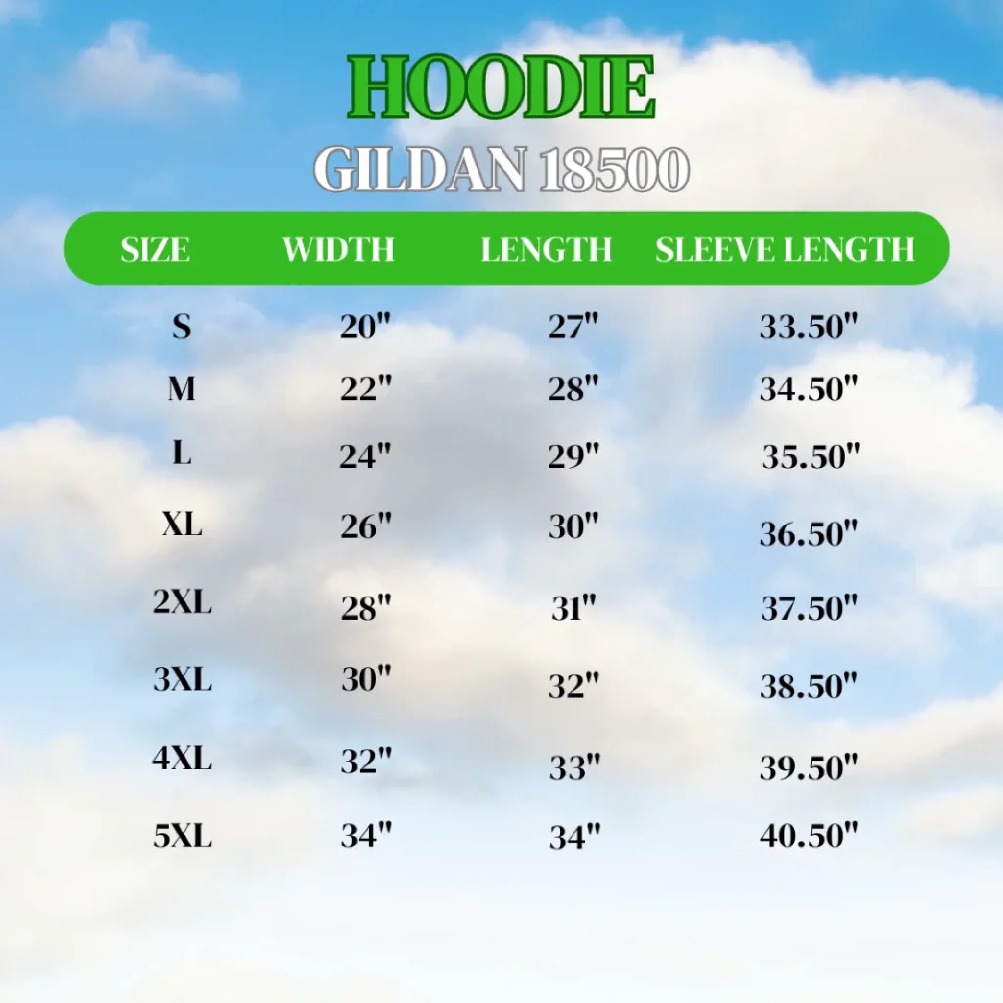 Hoodie Gildan 18500 - Size Chart