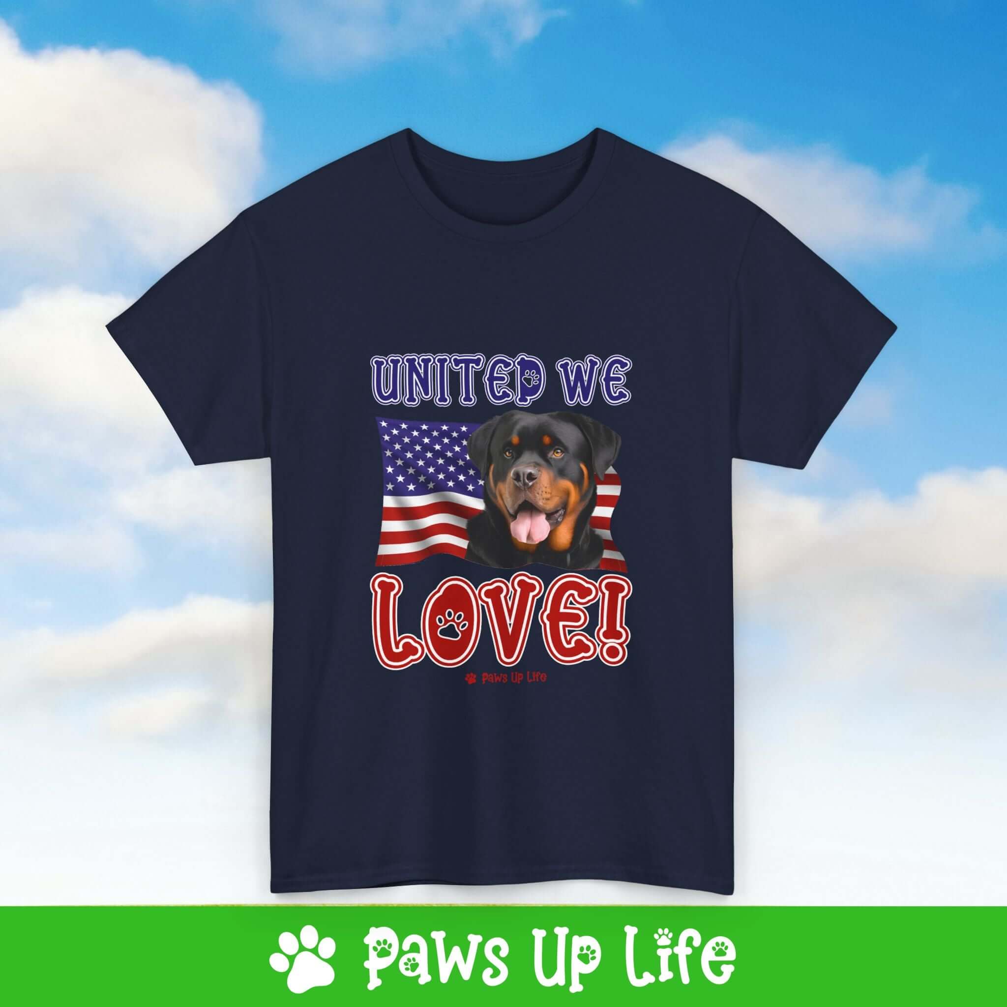 "United We Love" Rottweiler Lover T-Shirt – Perfect Patriotic Gift for Dog Lovers, Unisex Dog Mom & Dad Tee with a Fun Dog Design