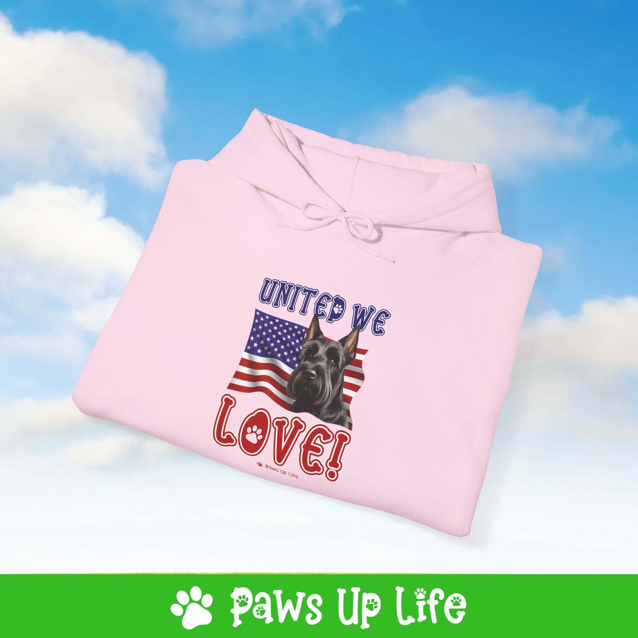 "United We Love" Scottish Terrier Hoodie – Fun Dog Lover Design | Cozy 50/50 Blend Unisex Sweater, Perfect Gift for Pet Lovers!