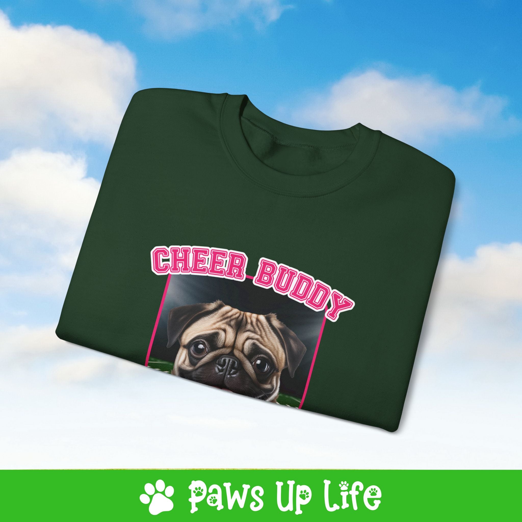 Pug Football Cheer Buddy Cheerleading Dog Crewneck Sweatshirt, Unisex Gift for Animal Lovers, Dog Mom Dad Sweatshirt, Cute Dog Lover Apparel, Fun Pet | Paws Up Life, LLC