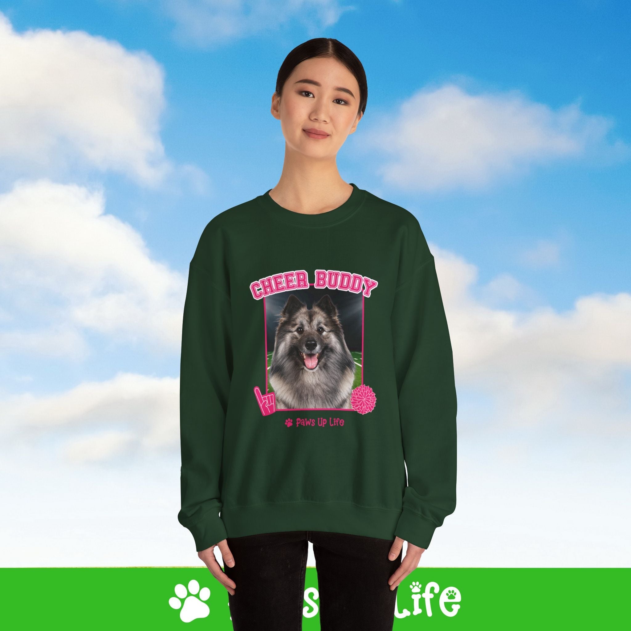Keeshond Football Cheer Buddy Cheerleading Dog Crewneck Sweatshirt, Unisex Gift for Animal Lovers, Dog Mom Dad Sweatshirt, Cute Dog Lover Apparel, Fun Pet | Paws Up Life, LLC