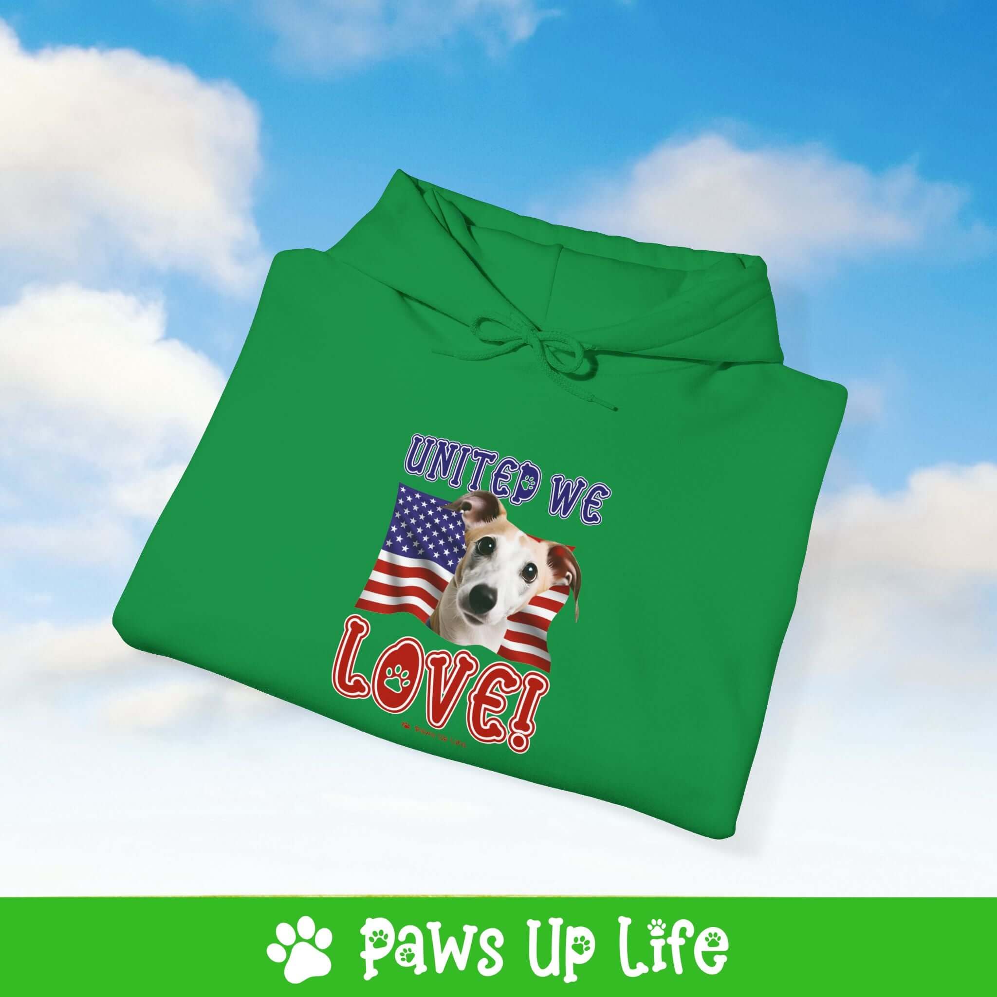 "United We Love" Whippet Unisex Hoodie – Fun Patriotic Dog Lover Cozy Cotton Blend Hooded Sweater, Perfect Gift for Pet Parents! | Paws Up Life, LLC