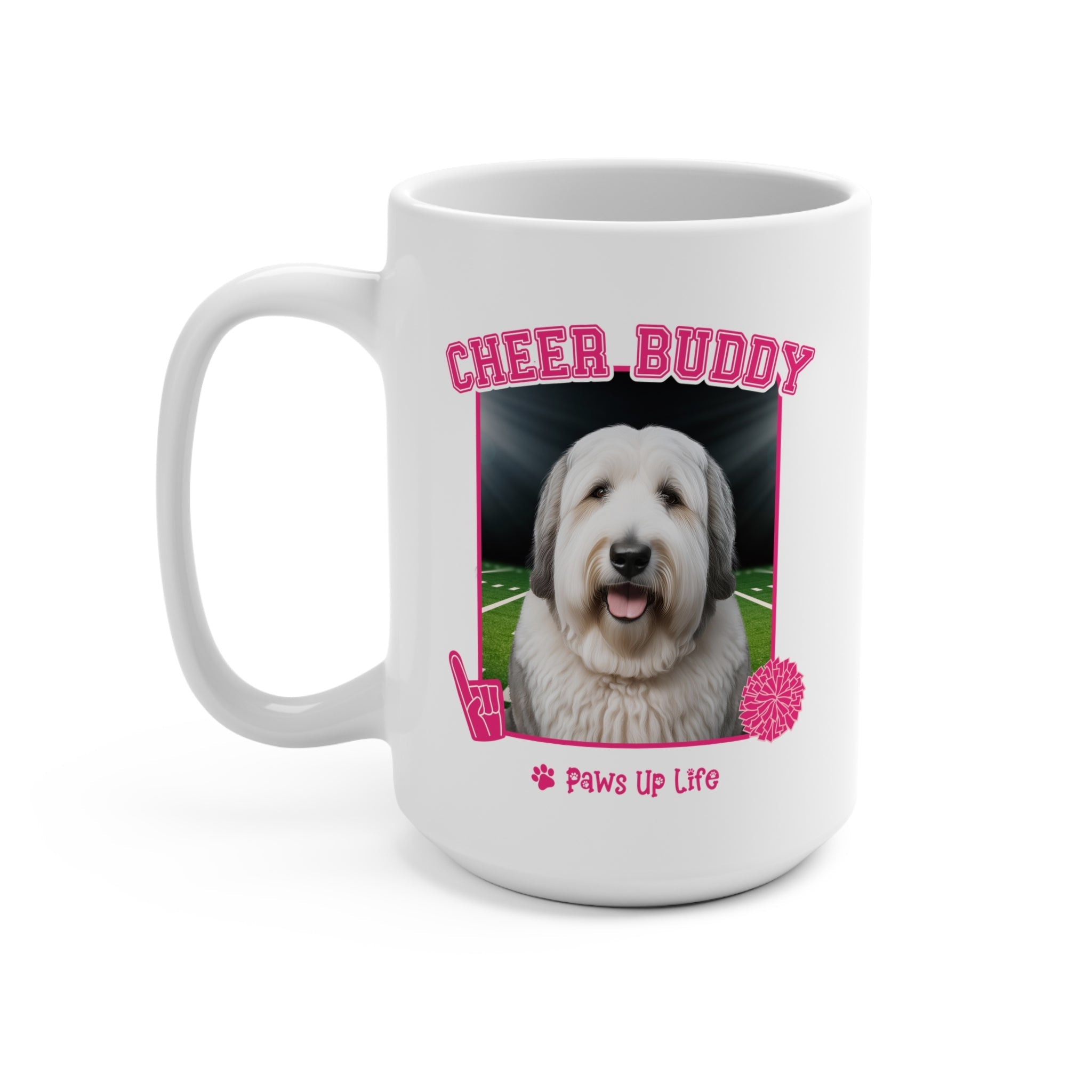 White Old English Sheep Dog Football Cheer Buddy Cheerleading Dog 15oz Large Coffee Mug Ceramic Drinkware Tea Washable | Paws Up Life, LLC