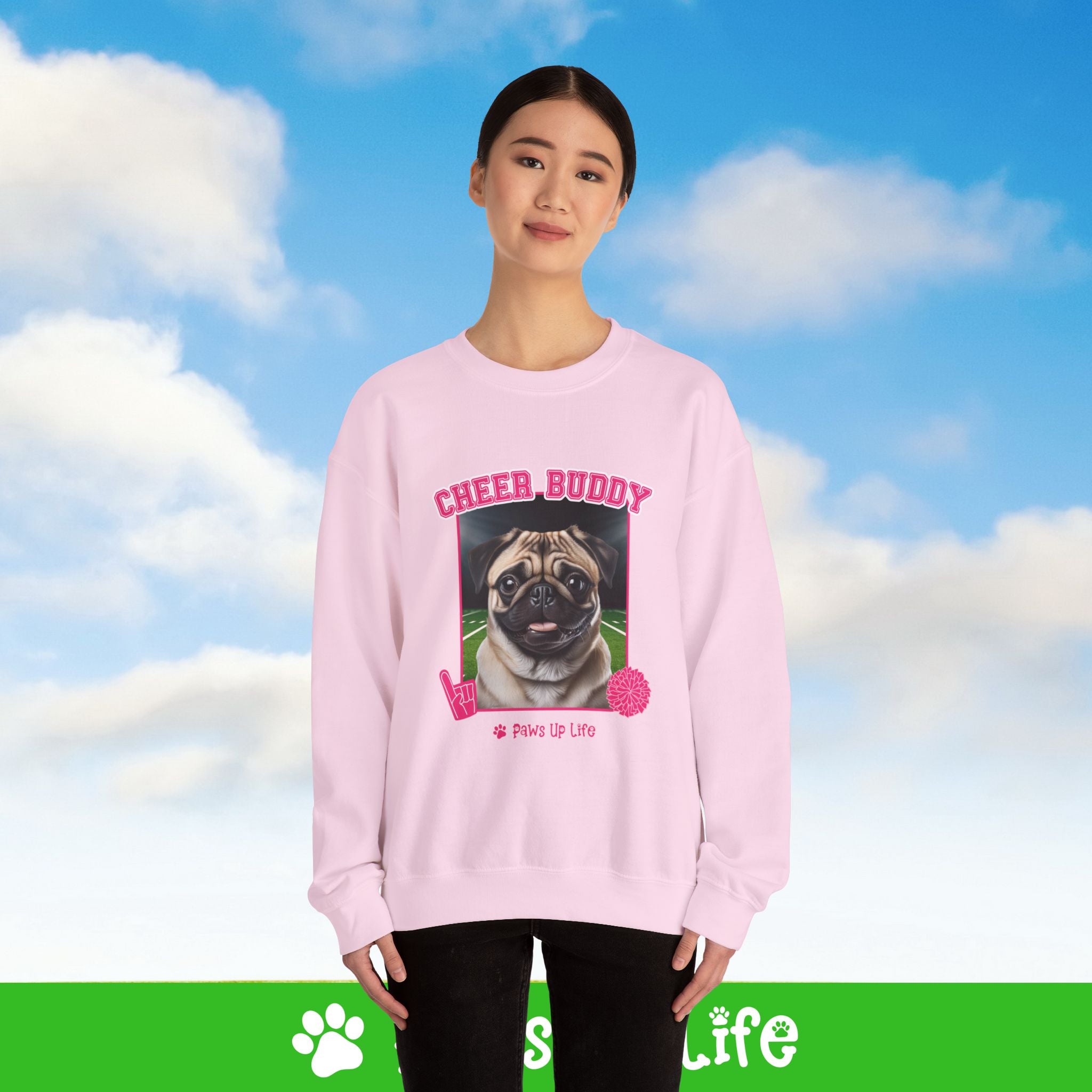 Pug Football Cheer Buddy Cheerleading Dog Crewneck Sweatshirt, Unisex Gift for Animal Lovers, Dog Mom Dad Sweatshirt, Cute Dog Lover Apparel, Fun Pet | Paws Up Life, LLC