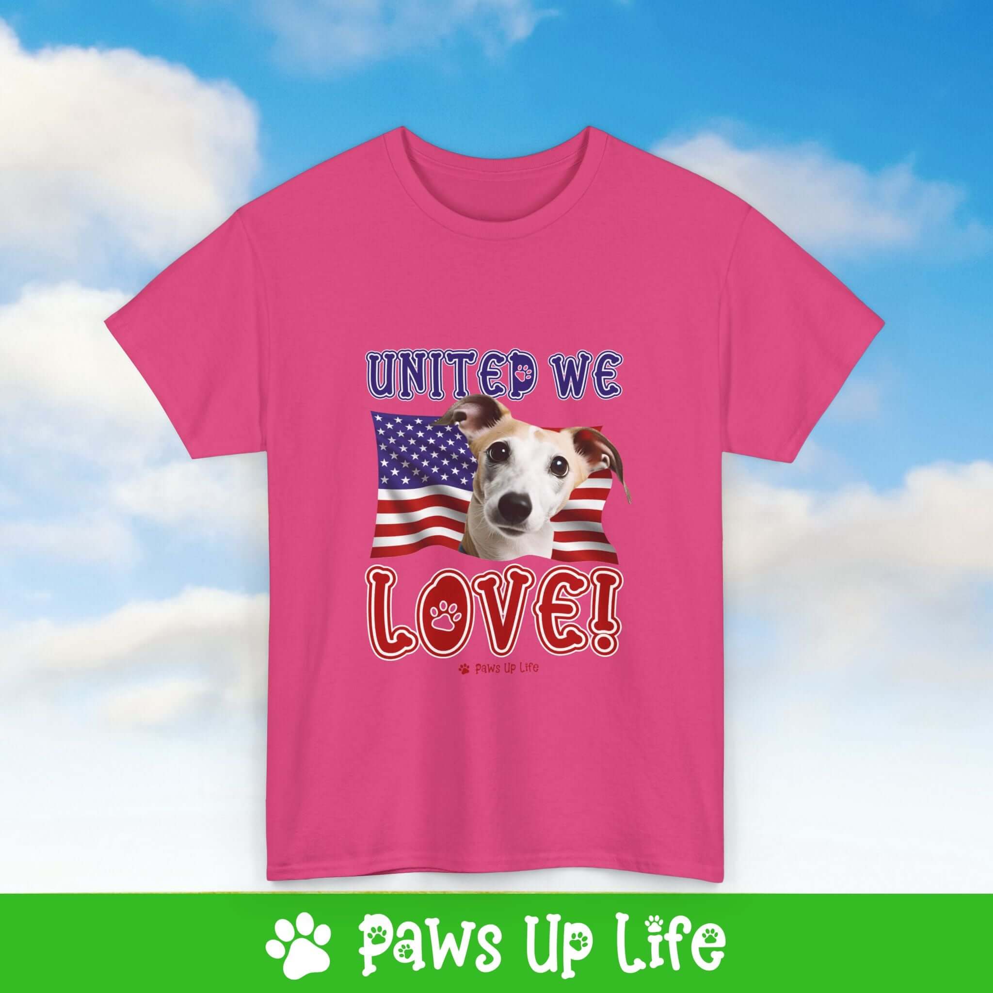 "United We Love" Whippet Lover T-Shirt - Patriotic Dog Design Tee for Dog Lovers, Unisex Dog Mom & Dad Tee with Classic Collar - Cotton Fabric Tshirt