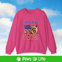 "United We Love" Yorkshire Terrier Patriotic Dog Lover Unisex Cotton Crewneck Sweatshirt – The Perfect Cozy Gift for Proud Pet Parents! | Paws Up Life, LLC