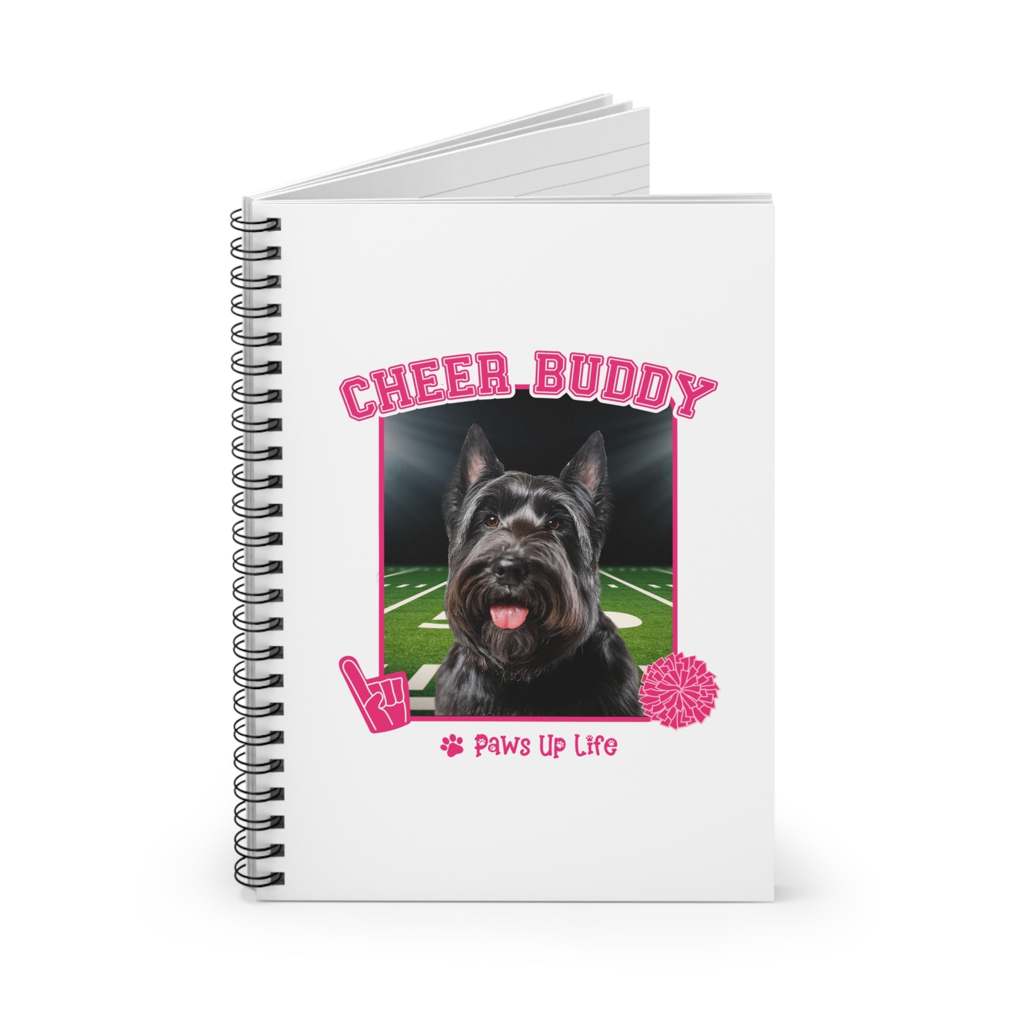 Black Scottish Terrier Football Cheer Buddy Cheerleading Dog Spiral Notebook for Office and Home - Ruled Line | Paws Up Life, LLC