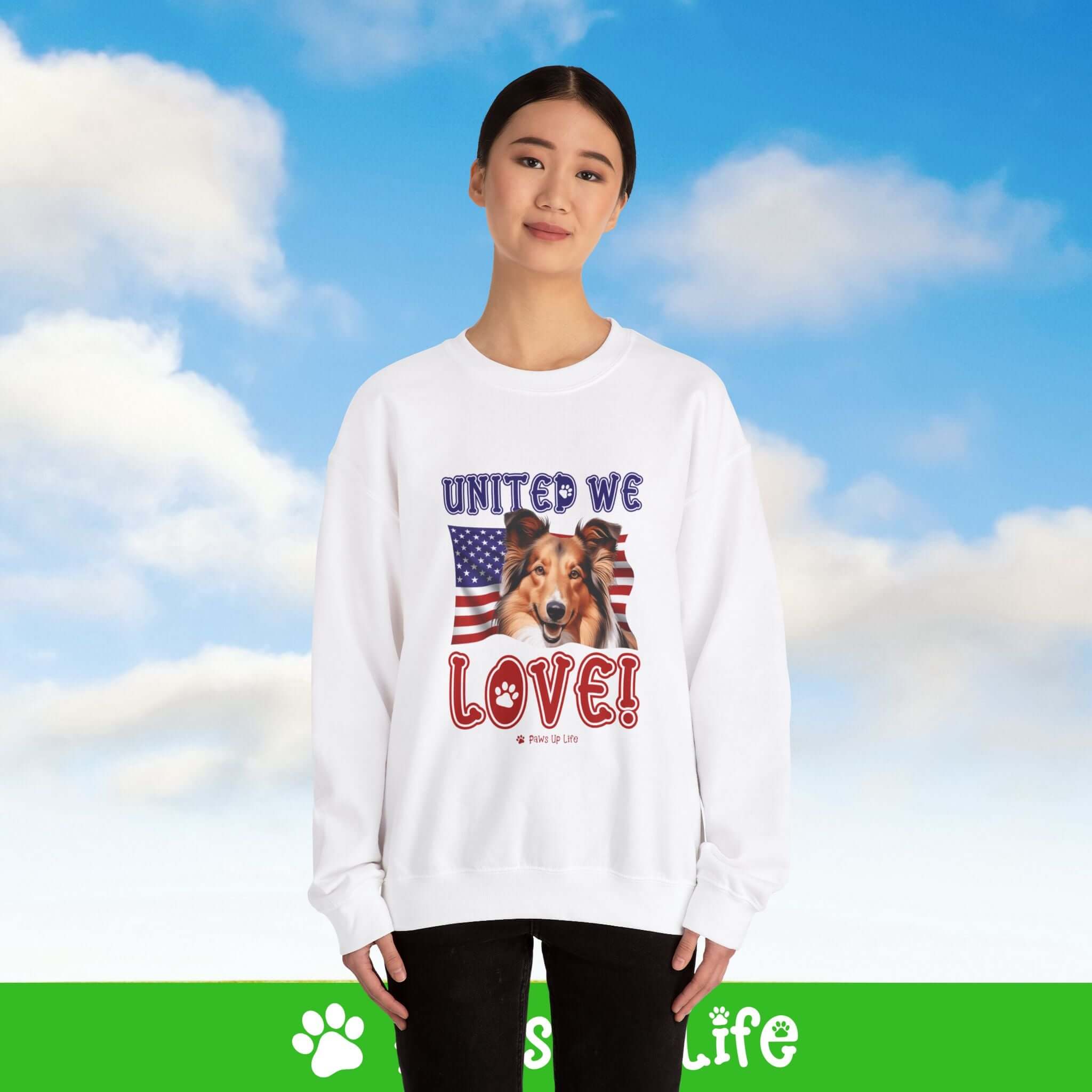 "United We Love" Shetland Sheepdog Dog Crewneck Sweatshirt – Patriotic Dog Lover Gift, Unisex Apparel for Proud Dog Moms & Dads