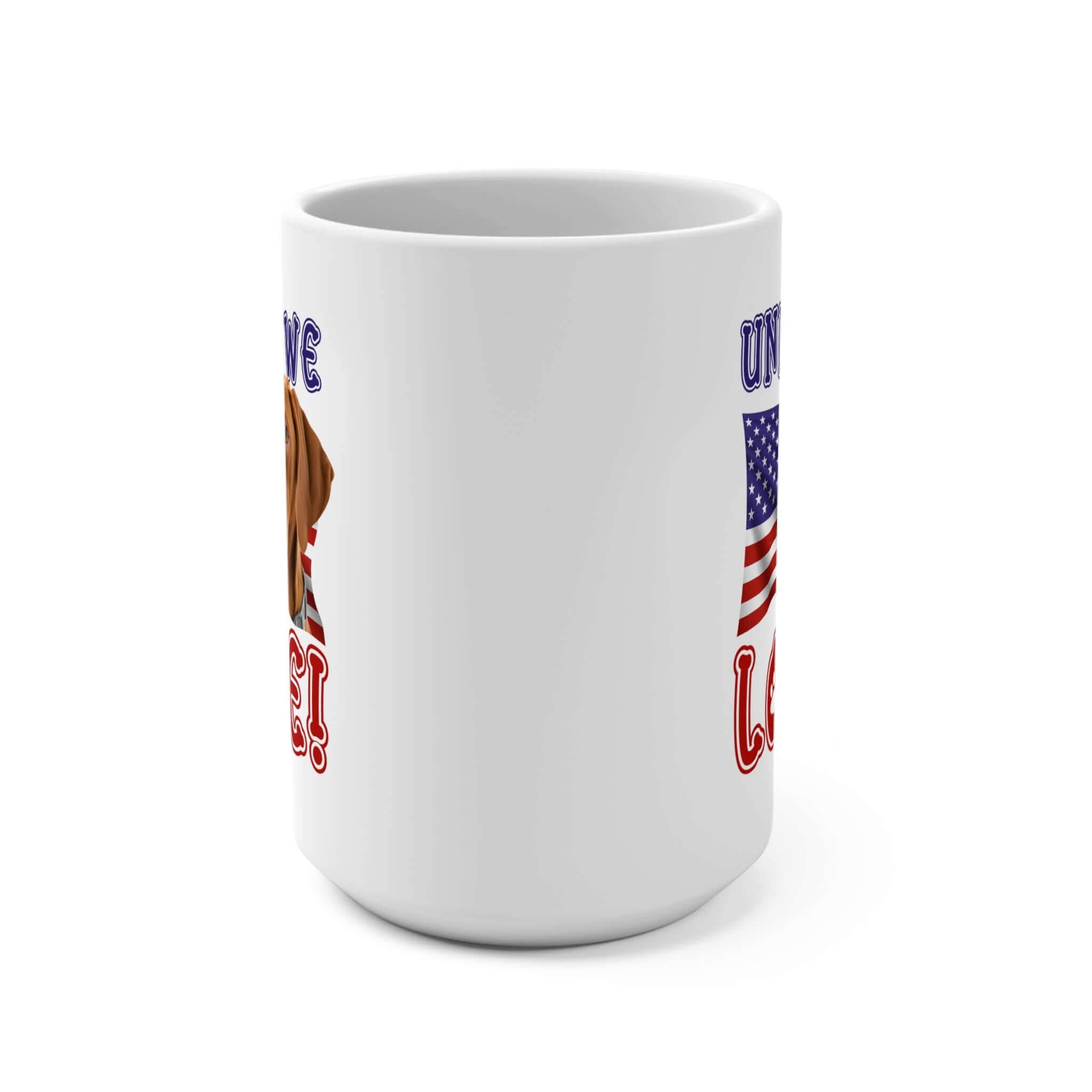 "United We Love" Vizsla 15oz Ceramic Mug – Fun Patriotic Dog Lover Washable Cup, Reusable Drinkware for Coffee & Tea! Puppy Sturdy