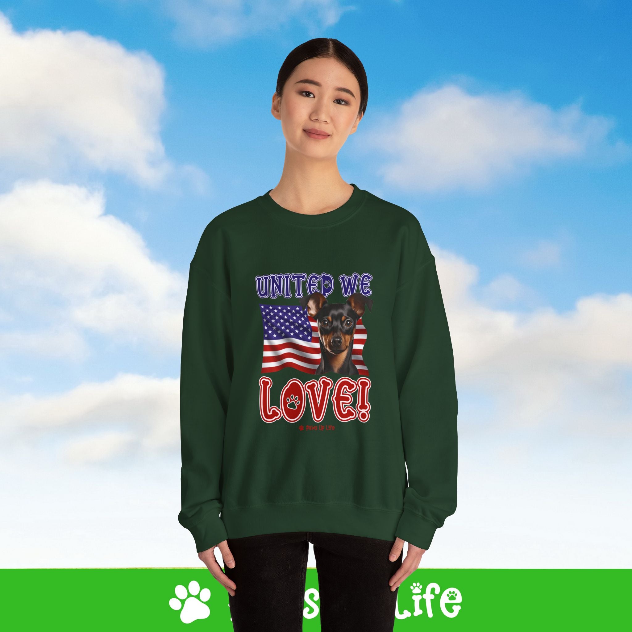 Miniature Pinscher Dog United We Love Dog Crewneck Sweatshirt, Unisex Gift for Animal Lovers, Dog Mom Dad Sweatshirt, Cute Dog Lover Apparel, Fun Pet | Paws Up Life, LLC