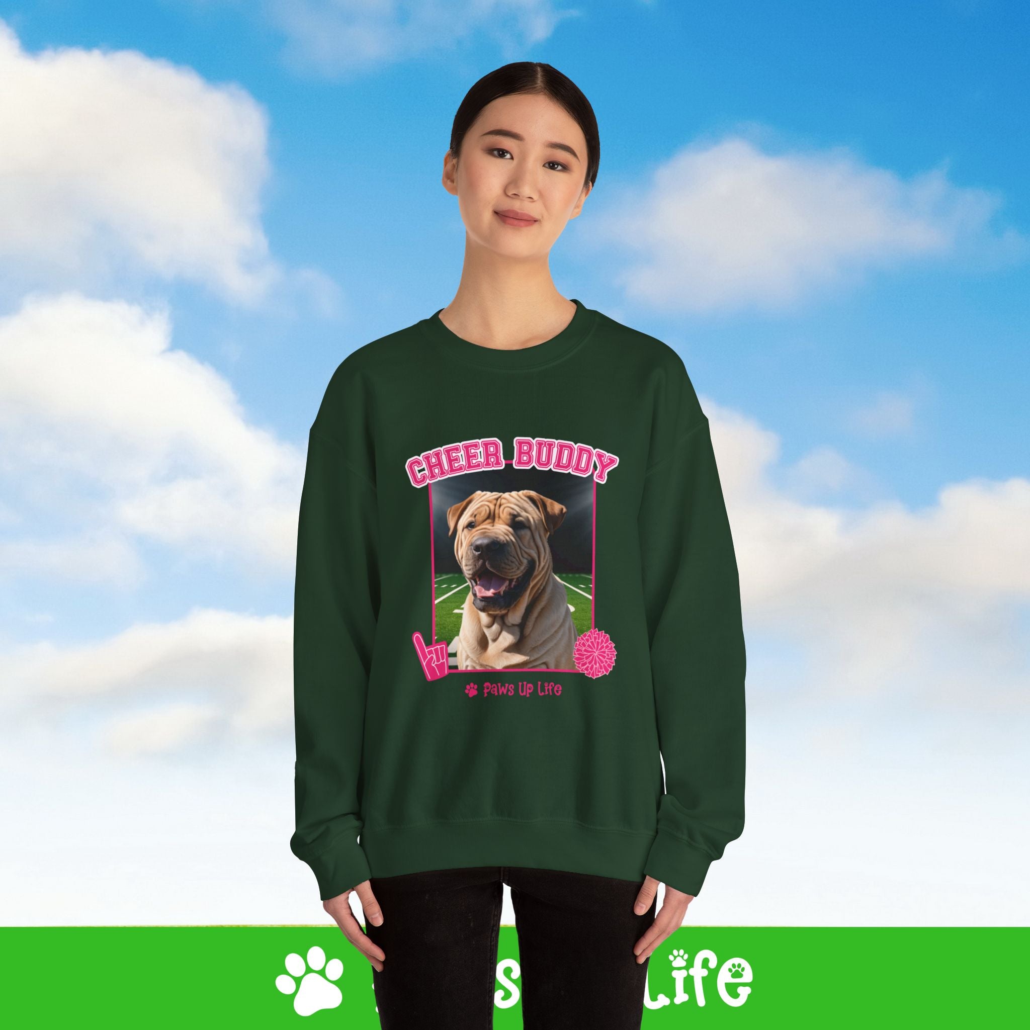 Chinese Shar Pei Football Cheer Buddy Cheerleading Dog Crewneck Sweatshirt, Unisex Gift for Animal Lovers, Dog Mom Dad Sweatshirt, Cute Dog Lover Apparel, Fun Pet | Paws Up Life, LLC